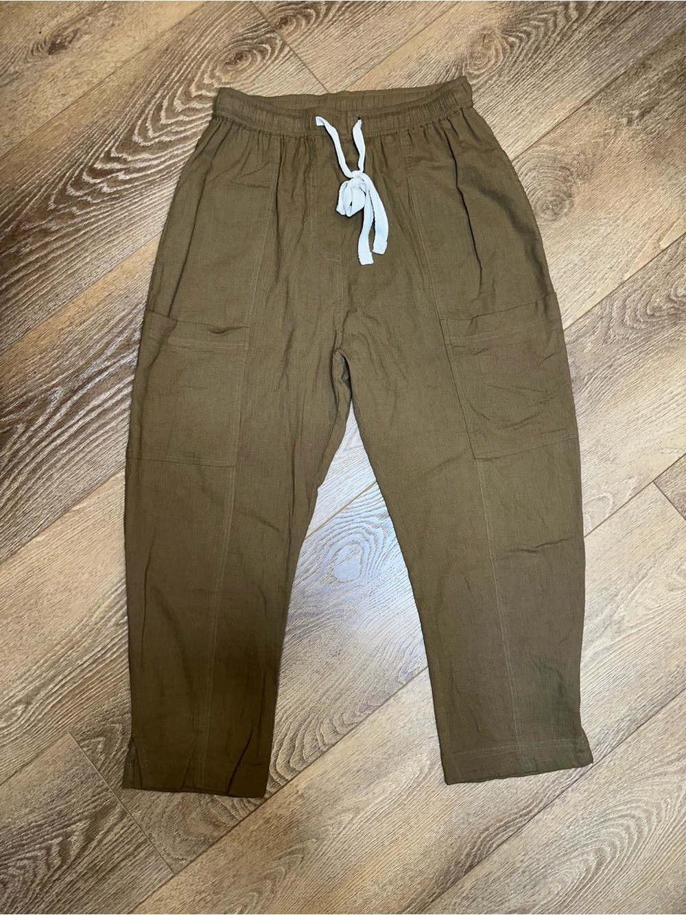 Relaxed Olive Drawstring Women's 100% cotton tappered leg pant sz L boho lagen